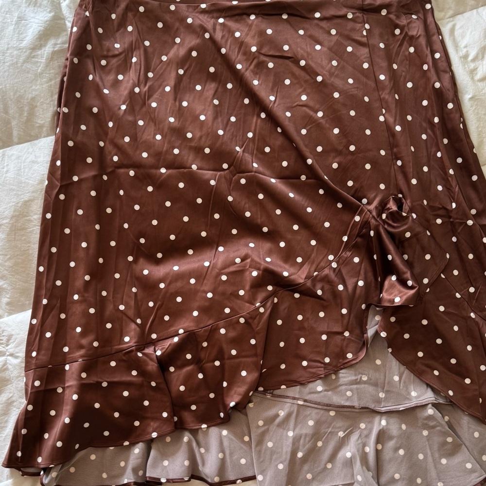 Polka Dot Brown Satin Ruffle Skirt
